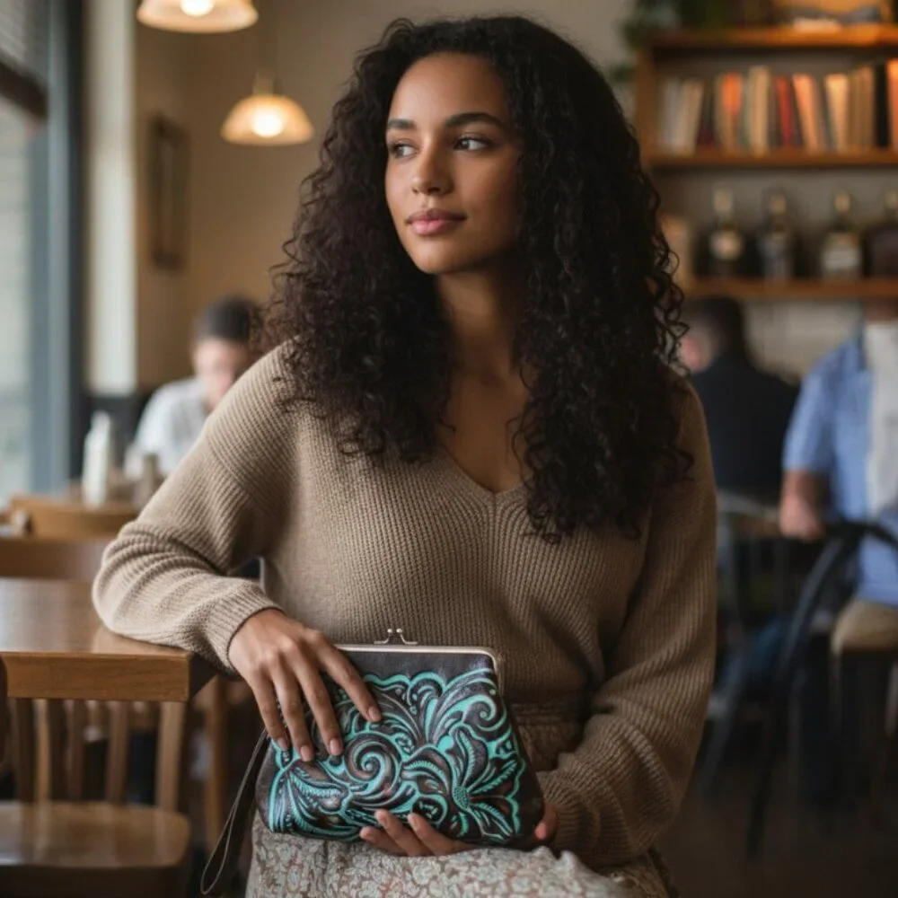 Patricia Nash Savena Brown Turquoise Embossed Tooled Clutch Wristlet